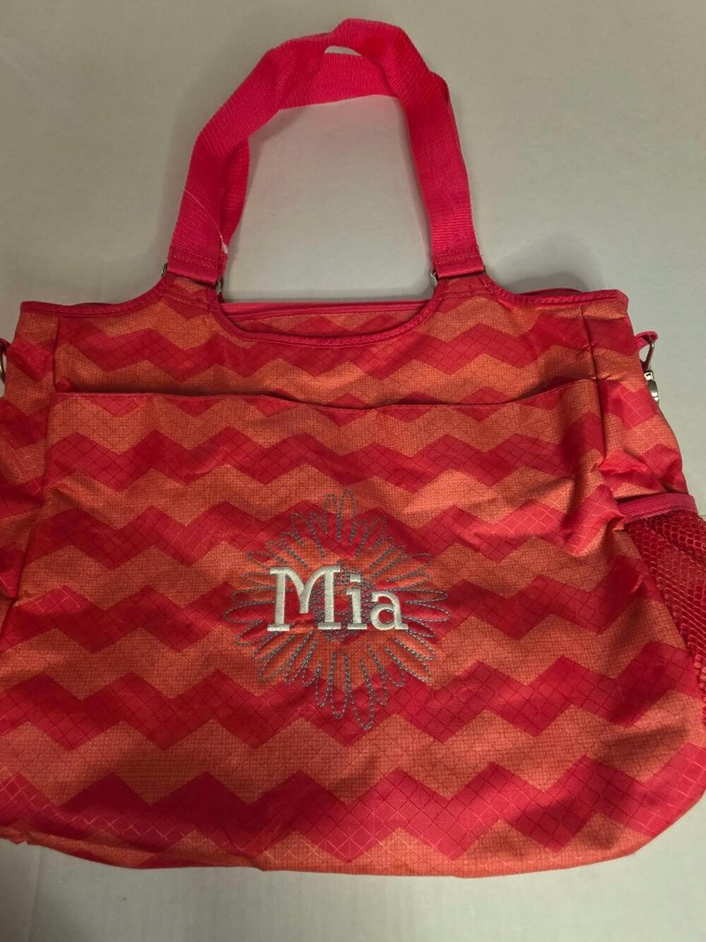 Thirty-One Coral Chevron Tote Bag Personalized "Mia" Monogram